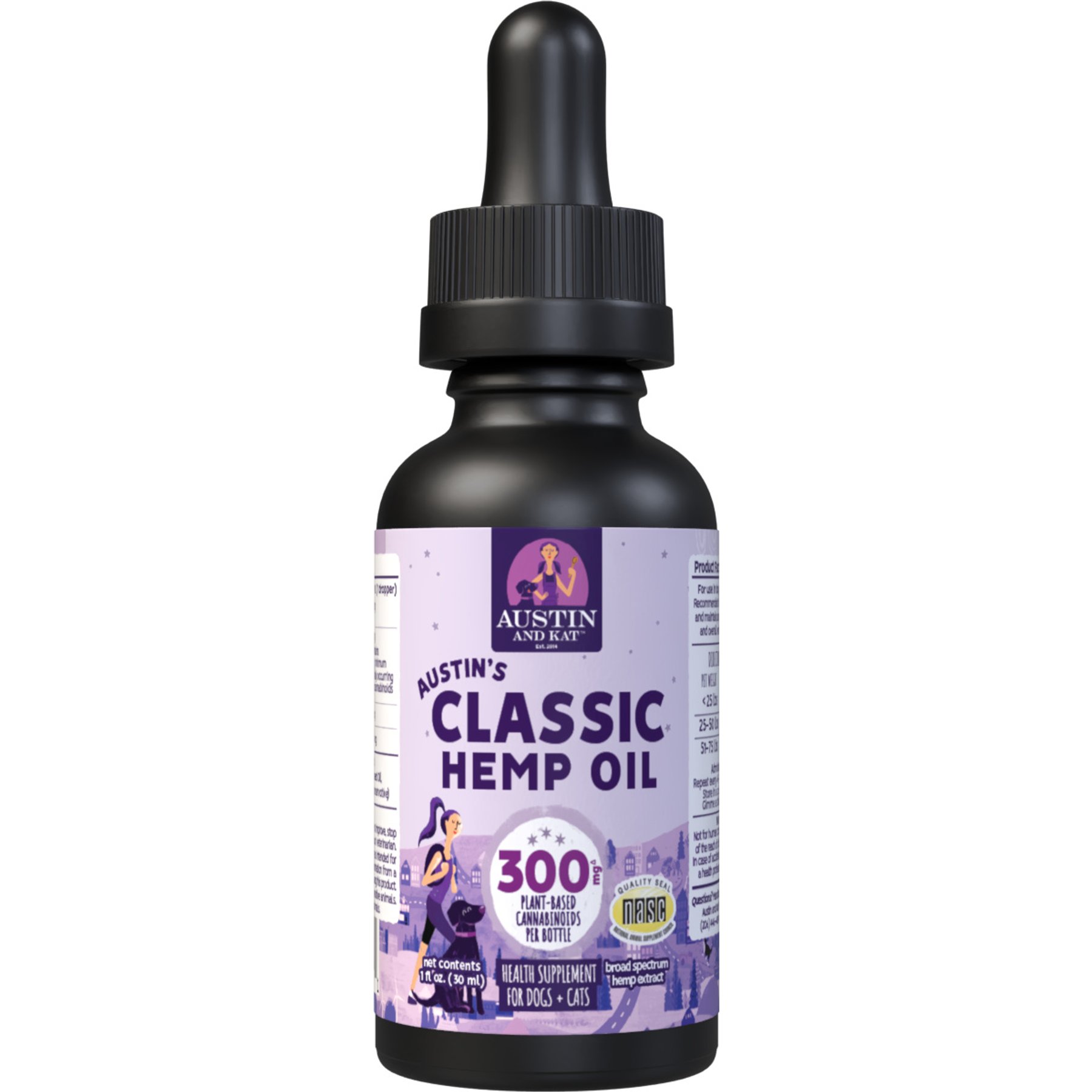 Austin and Kat Calming 300mg Broad Spectrum Hemp Oil Liquid Supplement for Dogs, 1-fl oz bottle