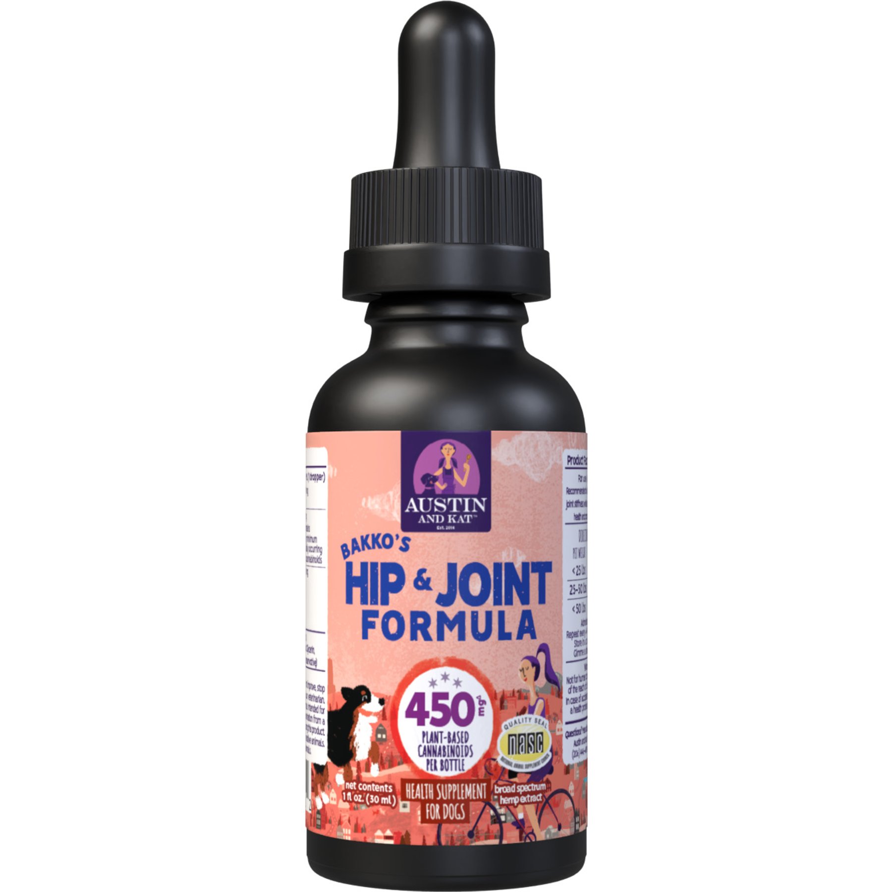 Austin and Kat Bakko's Hip & Joint 450mg Broad Spectrum Hemp Oil Liquid Supplement for Dogs, 1-fl oz bottle