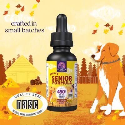 Show full view: Austin and Kat Brady's Aging Senior 450mg Broad Spectrum Hemp Oil Liquid Supplement for Dogs, 1-fl oz bottle slide 3 of 6