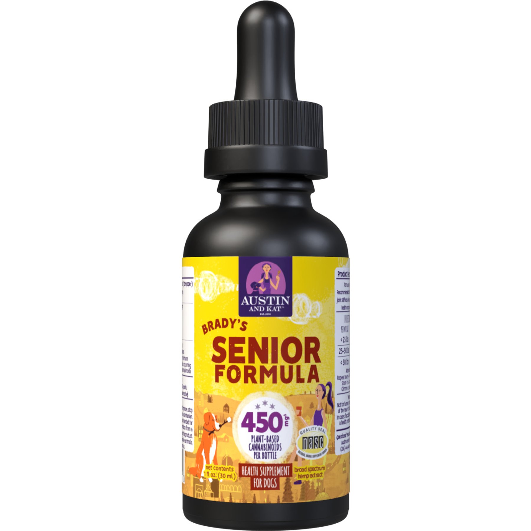 Austin and Kat Brady's Aging Senior 450mg Broad Spectrum Hemp Oil Liquid Supplement for Dogs, 1-fl oz bottle