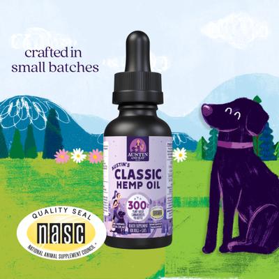 Show full view: Austin and Kat Calming 300mg Broad Spectrum Hemp Oil Liquid Supplement for Dogs, 1-fl oz bottle slide 3 of 6