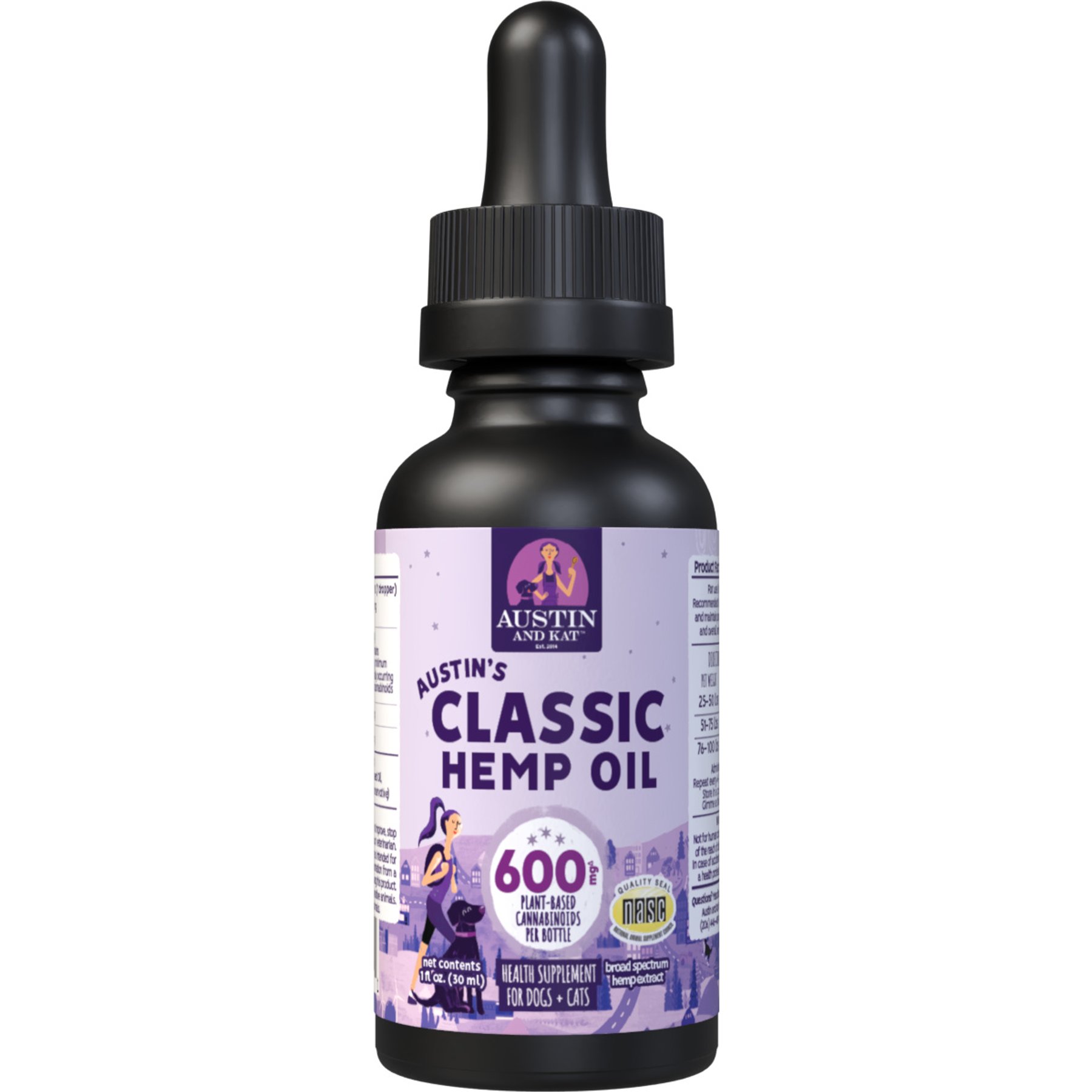Austin and Kat Calming 600mg Broad Spectrum Hemp Oil Liquid Supplement for Dogs, 1-fl oz bottle