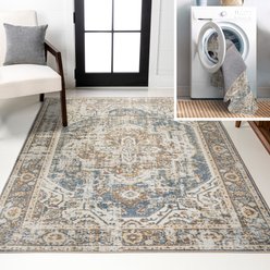 JONATHAN Y Keesha Bold Distressed Medallion Low-Pile Machine-Washable Area Rug, Blue/Cream, 3' x 5'