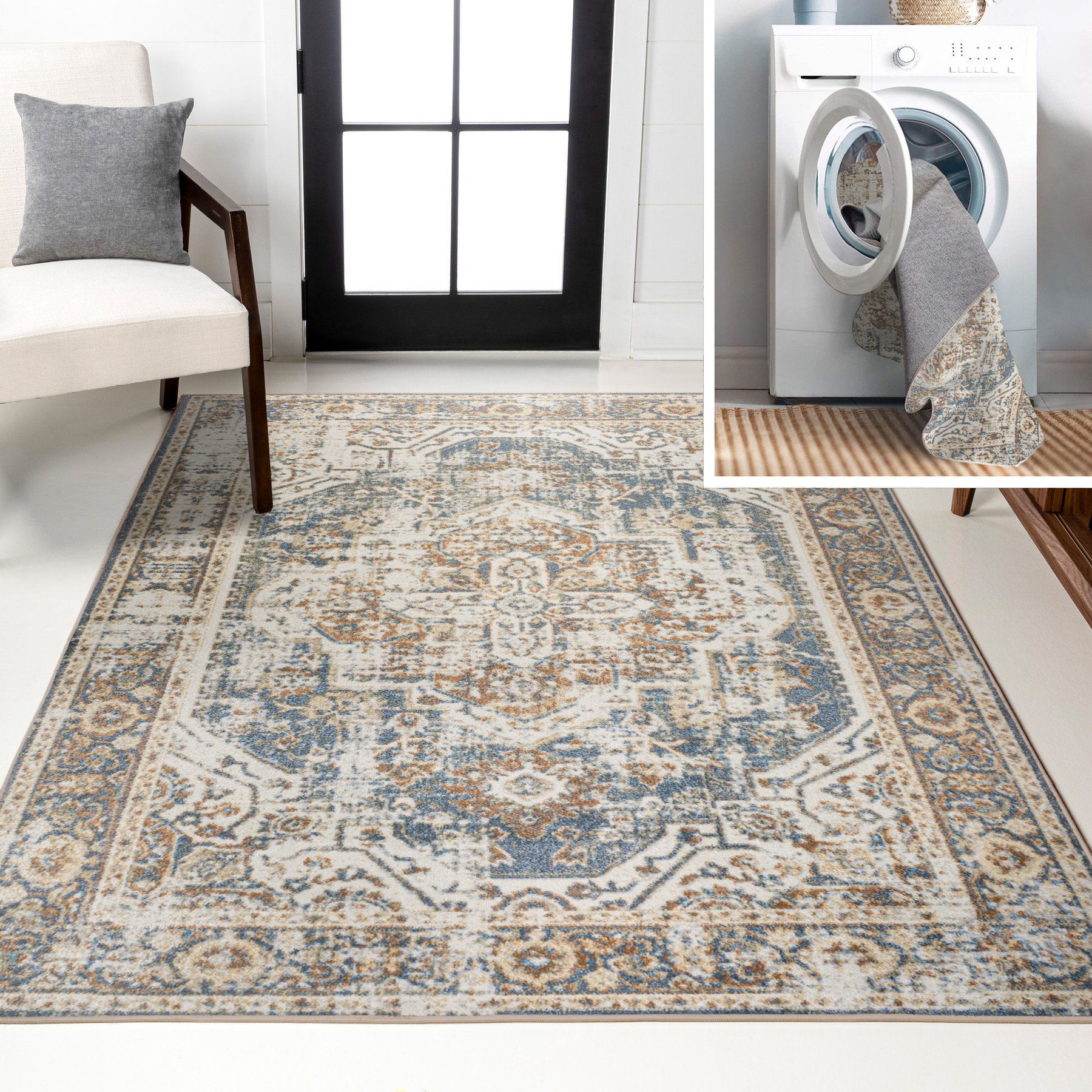 JONATHAN Y Keesha Bold Distressed Medallion Low-Pile Machine-Washable Area Rug, Blue/Cream, 4' x 6'
