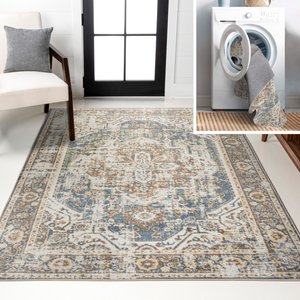 JONATHAN Y Keesha Bold Distressed Medallion Low-Pile Machine-Washable Area Rug, Blue/Cream, 8' x 10'