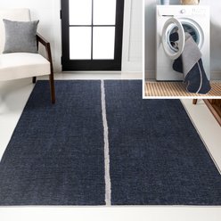 JONATHAN Y Linja Solid Centre Stripe Machine-Washable Area Rug, Navy/Gray, 4' x 6'