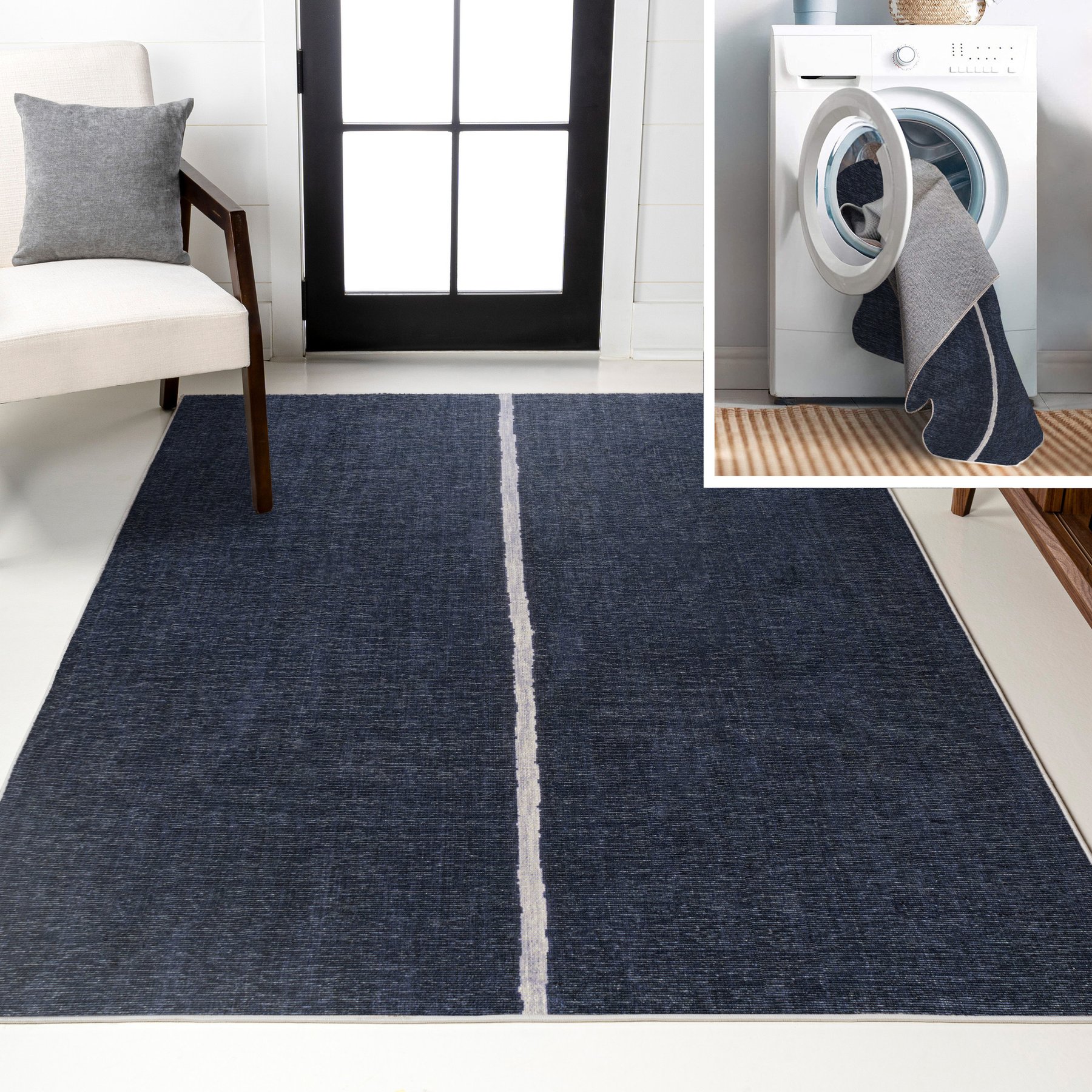 JONATHAN Y Linja Solid Centre Stripe Machine-Washable Area Rug, Navy/Gray, 8' x 10'