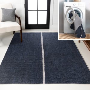 JONATHAN Y Linja Solid Centre Stripe Machine-Washable Area Rug, Navy/Gray, 9' x 12'