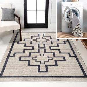 JONATHAN Y Ashkii Minimalist Medallion Machine-Washable Area Rug, Ivory/Dark Gray, 9' x 12'