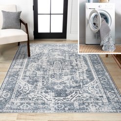 JONATHAN Y Keesha Bold Distressed Medallion Low-Pile Machine-Washable Area Rug, Cream/Blue, 5' x 8'