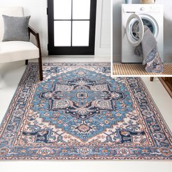 JONATHAN Y Cirali Ornate Large Medallion Machine-Washable Runner Dog & Cat Rug, Blue/Beige, 8 x 10-ft