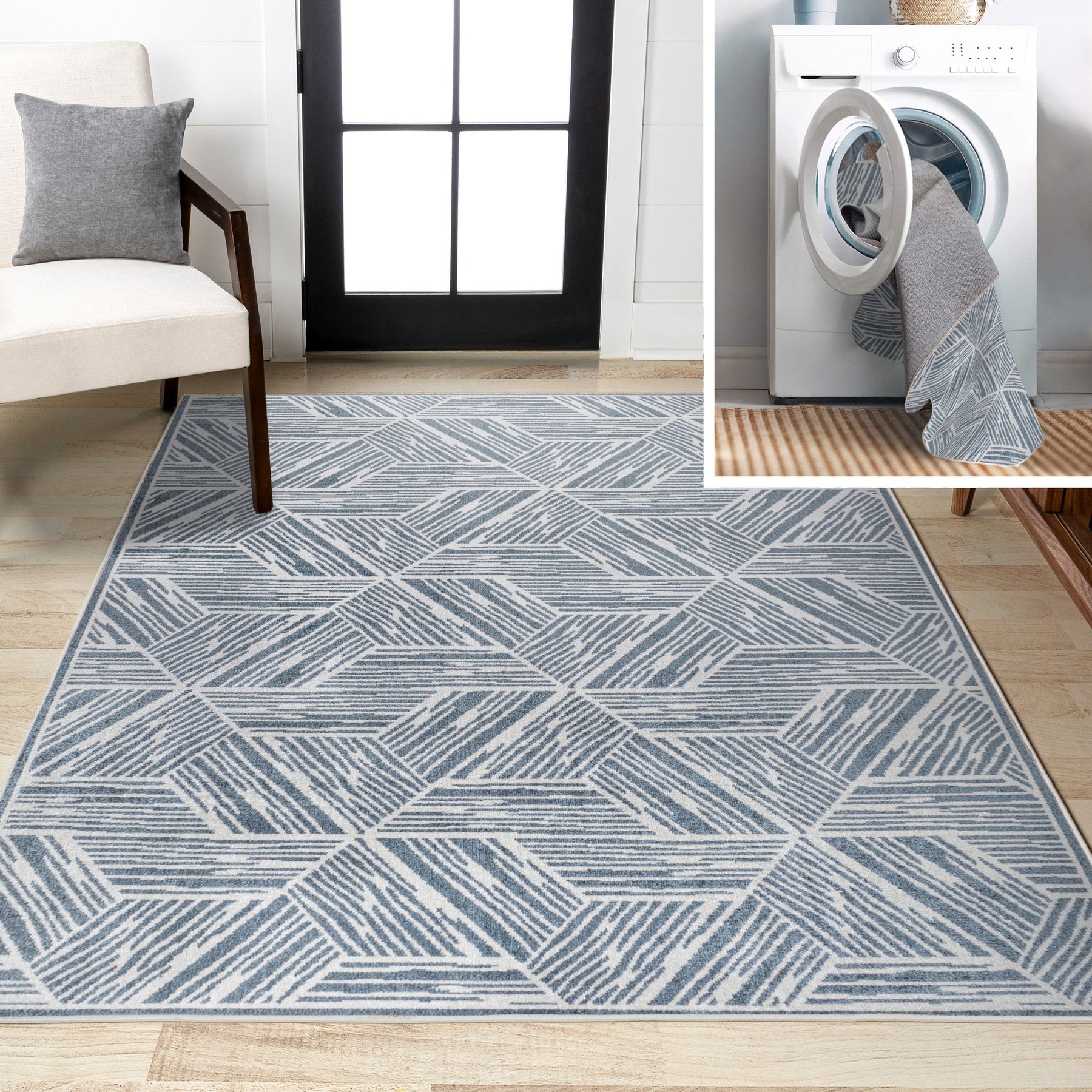 JONATHAN Y Vector Modern Coastal Geometric Machine-Washable Area Rug, Blue/Cream, 5' x 8'