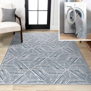 JONATHAN Y Vector Modern Coastal Geometric Machine-Washable Area Rug, Blue/Cream, 5' x 8'
