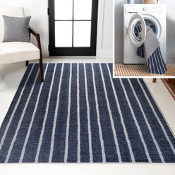 JONATHAN Y Rand Distressed Ticking Stripe Machine-Washable Runner Dog & Cat Rug, Navy/Gray, 8 x 10-ft