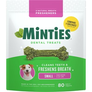 Minties Tiny/Small Mint Flavored Dental Treats for Dogs, 5-24 lbs, 32-oz, 80 count