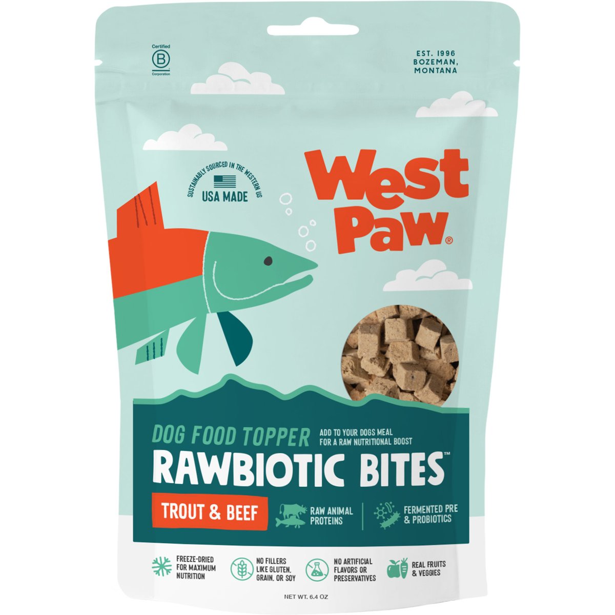 West Paw Trout & Beef Rawbiotic Bites Digestive Health High Protein Dog Food Topper, 6.4-oz bag