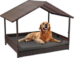Heeyoo Elevated Wicker Dog House with Canopy, Grey, 48 x 31.8 x 37-in, Grey, 48 x 31.8 x 37-in