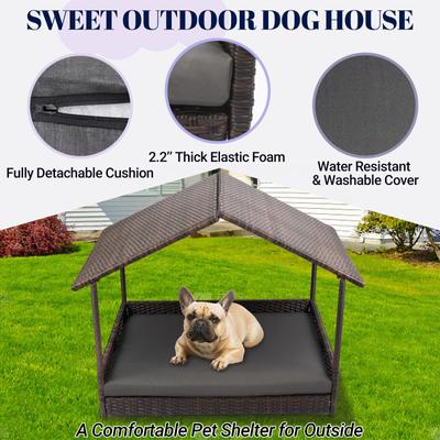 Show full view: Heeyoo Elevated Wicker Dog House with Canopy, Grey, 48 x 31.8 x 37-in, Grey, 48 x 31.8 x 37-in slide 3 of 8