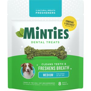 Minties Medium Mint Flavored Dental Treats for Dogs, 25-50 lbs, 6.4-oz, 8 count