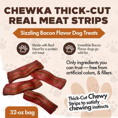 Show full view: Scoochie Pet Chewka Thick-Cut Real Meat Strips Sizzling Bacon Flavor Dog Treats, 32-oz bag slide 4 of 7