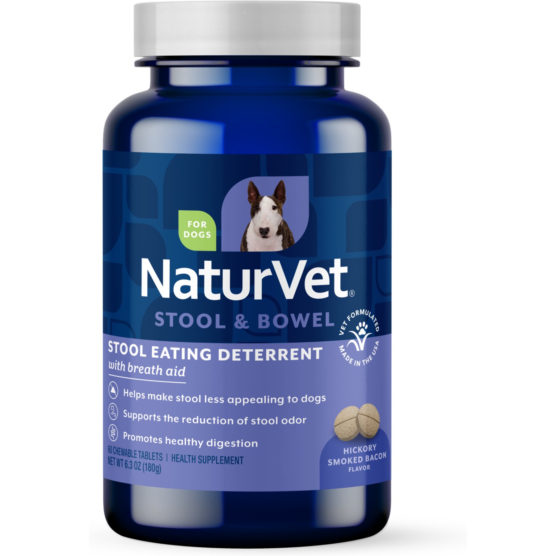 NaturVet Stool Eating Deterrent Stool & Bowel Hickory Smoked Bacon Flavored Chewable Tablet Supplement for Dogs, 60 count
