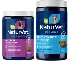 NaturVet Hemp Quiet Moments Plus Hemp Seed Dog Soft Chews, 180 count + NaturVet Hemp Joint Health Plus Hemp Seed Soft Chews Dog Supplement, 120 count