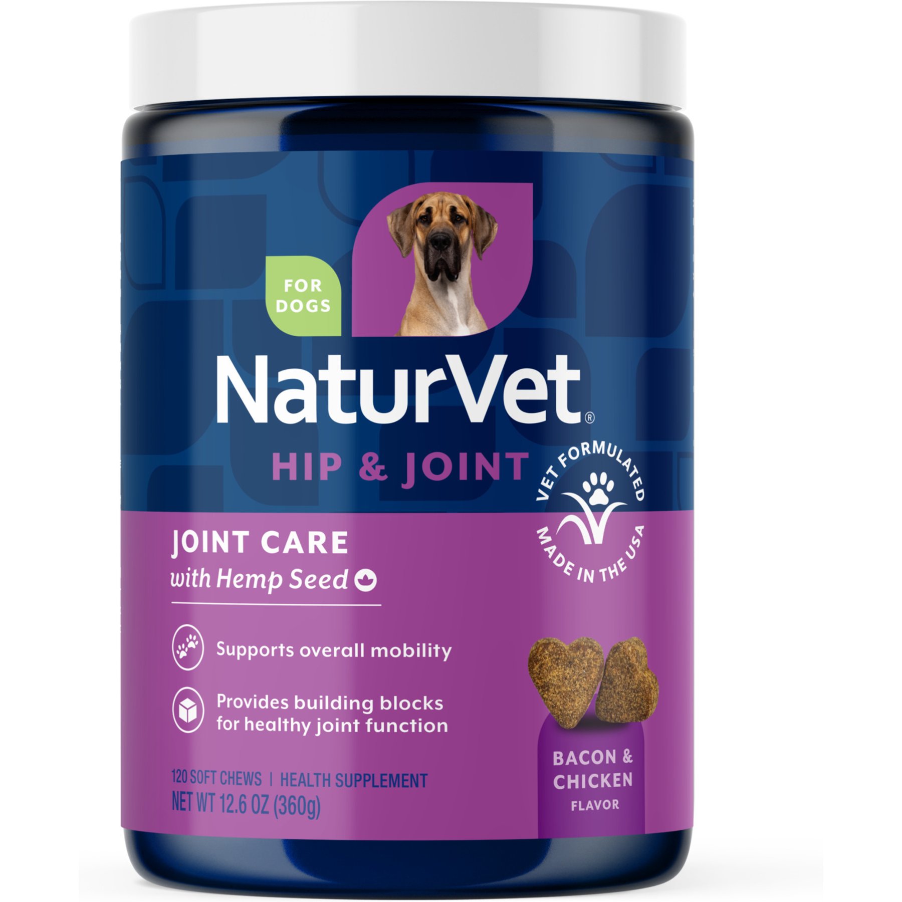 NaturVet Joint Care with Hemp Hip & Joint Bacon & Chicken Flavored Supplement for Dogs, 120 count
