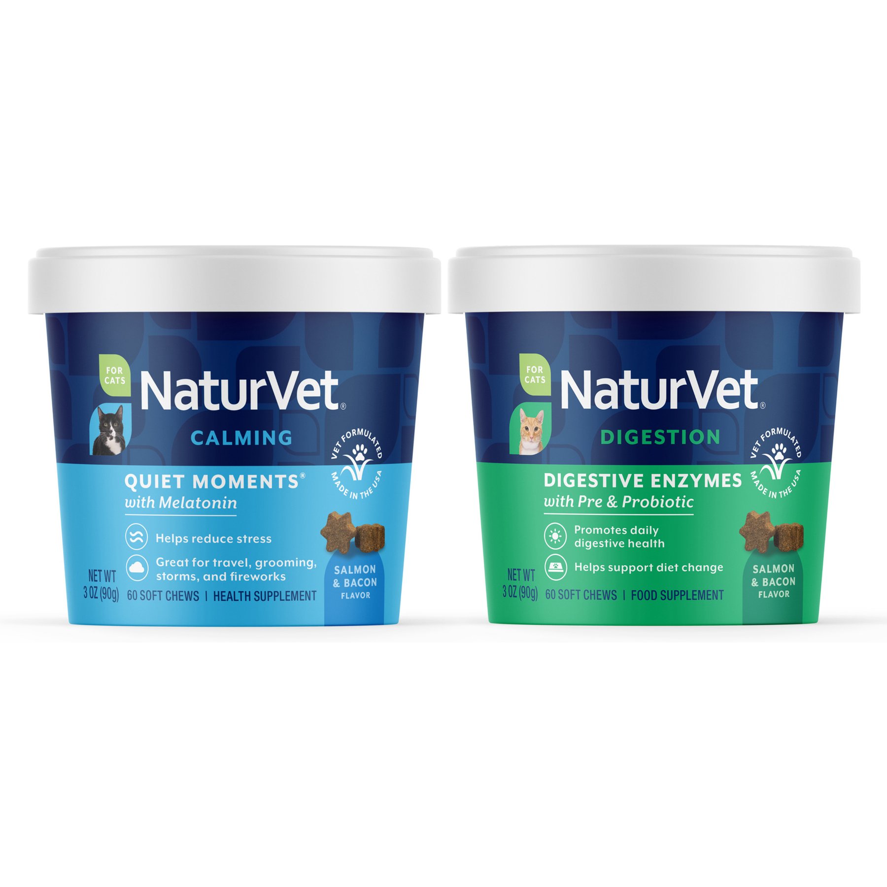 NaturVet Quiet Moments Calming Aid Plus Melatonin Cat Soft Chews, 60 count & NaturVet Digestive Enzymes Plus Probiotics Cat Soft Chews, 60 count