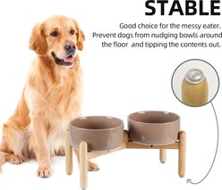 Havniva Ceramic 7.3-in Raised Dog Double Bowl Set with Wooden Stand, Brown Coffee slide 2 of 7