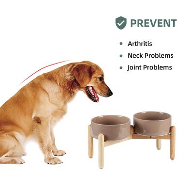 Show full view: Havniva Ceramic 7.3-in Raised Dog Double Bowl Set with Wooden Stand, Brown Coffee slide 4 of 7