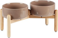 Havniva Ceramic 7.3-in Raised Dog Double Bowl Set with Wooden Stand, Brown Coffee