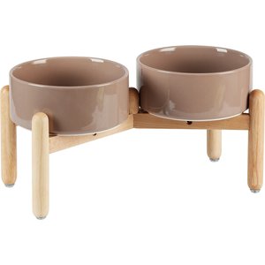 Havniva Ceramic 7.3-in Raised Dog Double Bowl Set with Wooden Stand, Brown Coffee