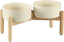 Havniva Ceramic 7.3-in Raised Dog Double Bowl Set with Wooden Stand, Beige