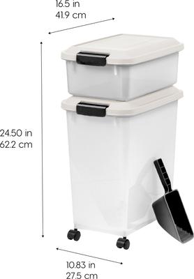 Show full view: IRIS 3-Piece WeatherPro Airtight Stackable Dog, Cat & Bird Food Storage Container Combo with Scoop & Treat Box, Clear & White, 41-lb slide 8 of 10