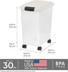 IRIS WeatherPro Airtight Attachable Wheels Dog, Cat & Bird Food Storage Container, White & Clear, 30-lb slide 2 of 7