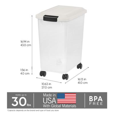 Show full view: IRIS WeatherPro Airtight Attachable Wheels Dog, Cat & Bird Food Storage Container, White & Clear, 30-lb slide 6 of 9