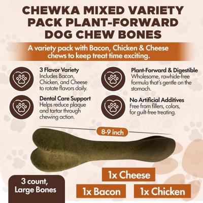 Show full view: Scoochie Pet Chewka Mixed Variety Pack Bacon, Chicken & Cheese Flavored Plant-Forward Fully Digestible Dog Chew Bone, Large, 3 count slide 4 of 8