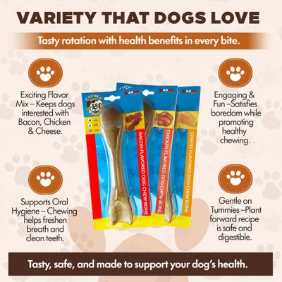 Show full view: Scoochie Pet Chewka Mixed Variety Pack Bacon, Chicken & Cheese Flavored Plant-Forward Fully Digestible Dog Chew Bone, Large, 3 count slide 7 of 8