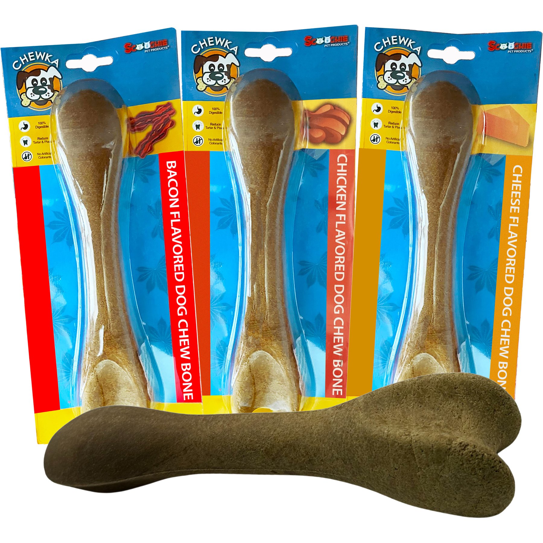 Scoochie Pet Chewka Mixed Variety Pack Bacon, Chicken & Cheese Flavored Plant-Forward Fully Digestible Dog Chew Bone, Large, 3 count
