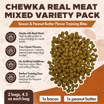 Show full view: Scoochie Pet Chewka Real Meat Mixed Variety Pack Bacon & Peanut Butter Flavor Training Bites Dog Treats, 4.5-oz bag, 2 count slide 4 of 7