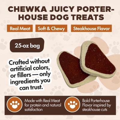Show full view: Scoochie Pet Chewka Real Meat Soft & Chewy Juicy Porterhouse Flavor Dog Treats, 25-oz bag slide 4 of 7