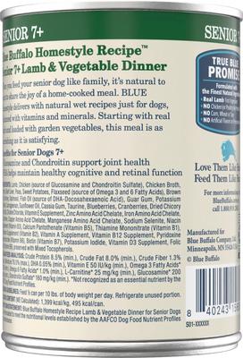 Show full view: Blue Buffalo Homestyle Recipe Senior 7+ Lamb & Vegetable Dinner Pate Canned Wet Dog Food, 12.5-oz can, case of 12 slide 3 of 10