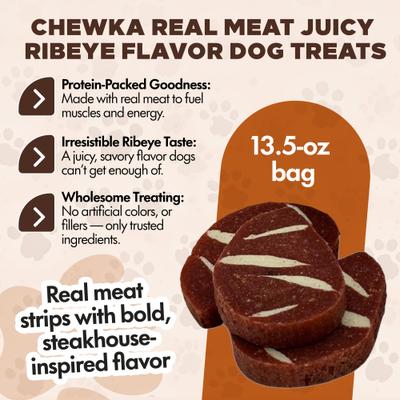 Show full view: Scoochie Pet Chewka Real Meat Soft & Chewy Juicy Ribeye Flavor Dog Treats, 13.5-oz bag slide 4 of 7