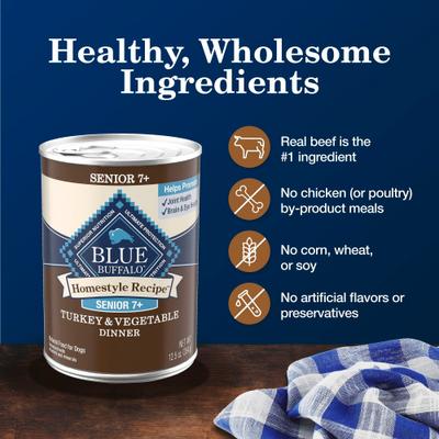 Show full view: Blue Buffalo Homestyle Recipe Senior 7+ Turkey & Vegetable Dinner Pate Canned Wet Dog Food, 12.5-oz can, case of 12 slide 7 of 11