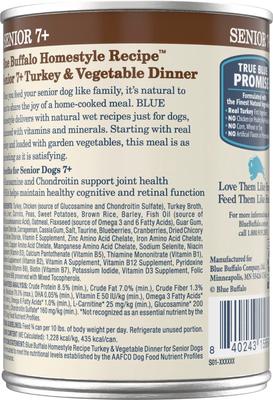 Show full view: Blue Buffalo Homestyle Recipe Senior 7+ Turkey & Vegetable Dinner Pate Canned Wet Dog Food, 12.5-oz can, case of 12 slide 3 of 11