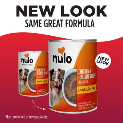 Show full view: Nulo Land & Sea Grain-Free Chicken & Halibut in Broth Pate Wet Dog Food, 12-oz can, case of 5 slide 3 of 11