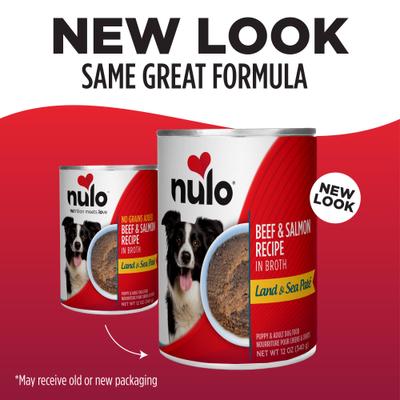 Show full view: Nulo Land & Sea Grain-Free Beef & Salmon in Broth Pate Wet Dog Food, 12-oz can, case of 5 slide 3 of 11