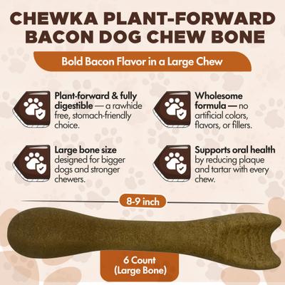 Show full view: Scoochie Pet Chewka Bacon Flavored Plant-Forward Fully Digestible Dog Chew Bone, Large, 6 count slide 4 of 8