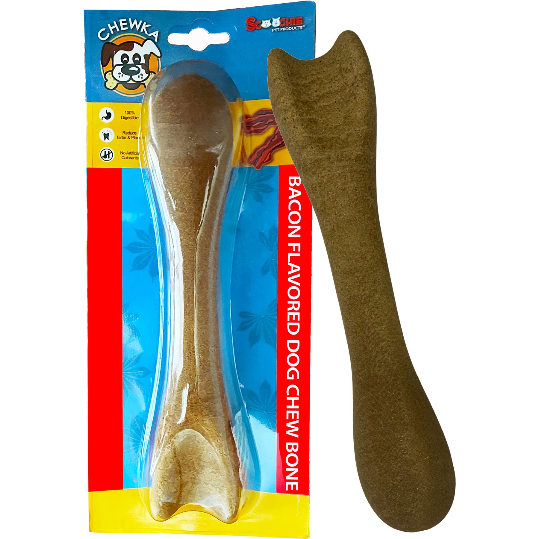 Scoochie Pet Chewka Bacon Flavored Plant-Forward Fully Digestible Dog Chew Bone, Large, 6 count