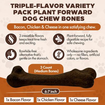 Show full view: Scoochie Pet Chewka Mixed Variety Pack Bacon, Chicken & Cheese Flavored Plant-Forward Fully Digestible Dog Chew Bone, Medium, 3 count slide 4 of 8